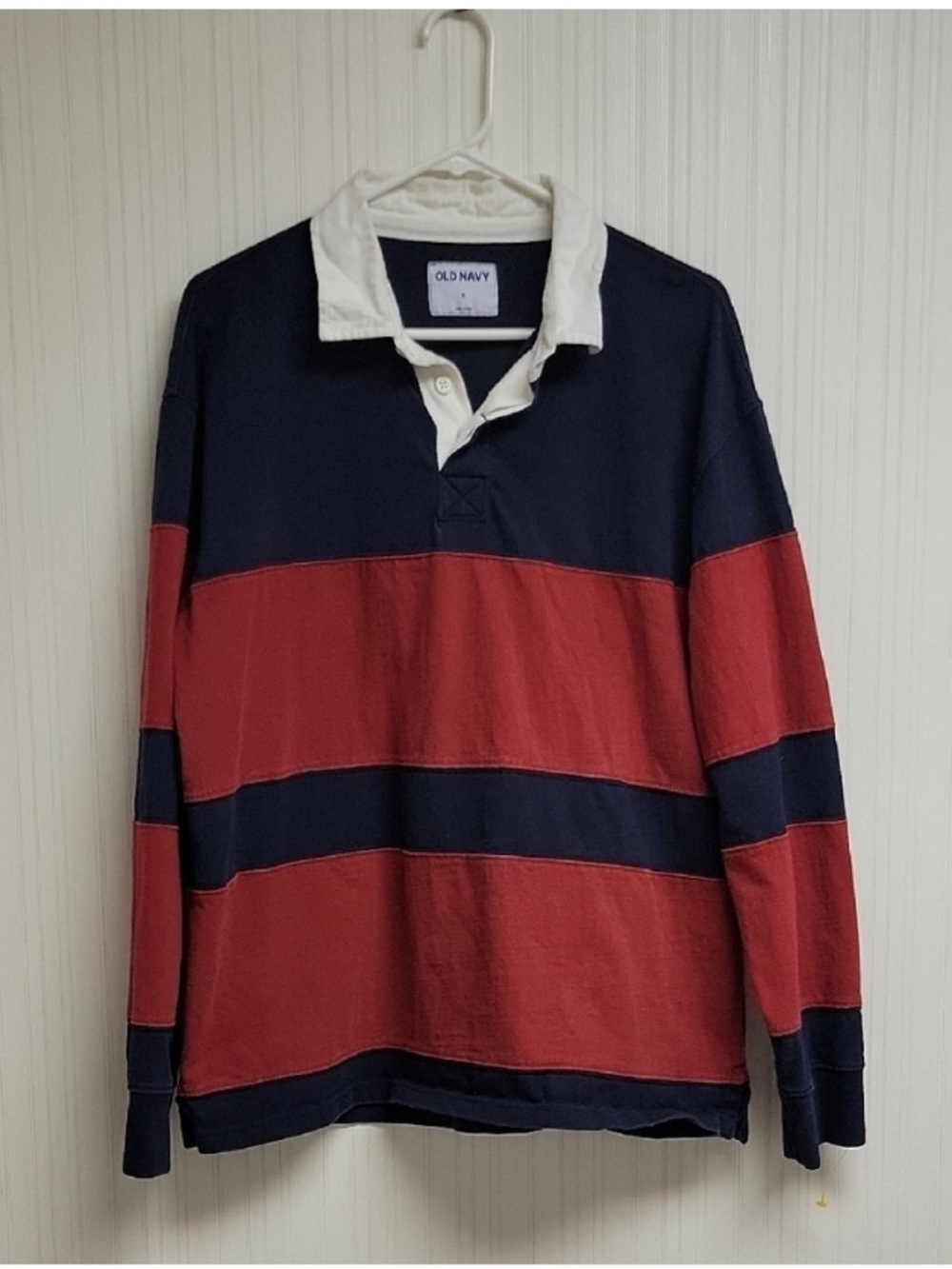 Old Navy Shirt‎ Mens Small Red Blue Rugby Stripe Long Sleeve Cotton Pullover